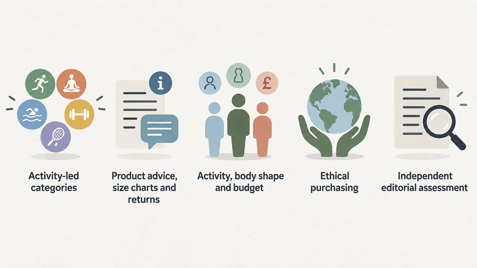 Show one row of five simple icons with short labels: fit, material, longevity, value, and current returns terms—the garment-specific checks stated in this section.