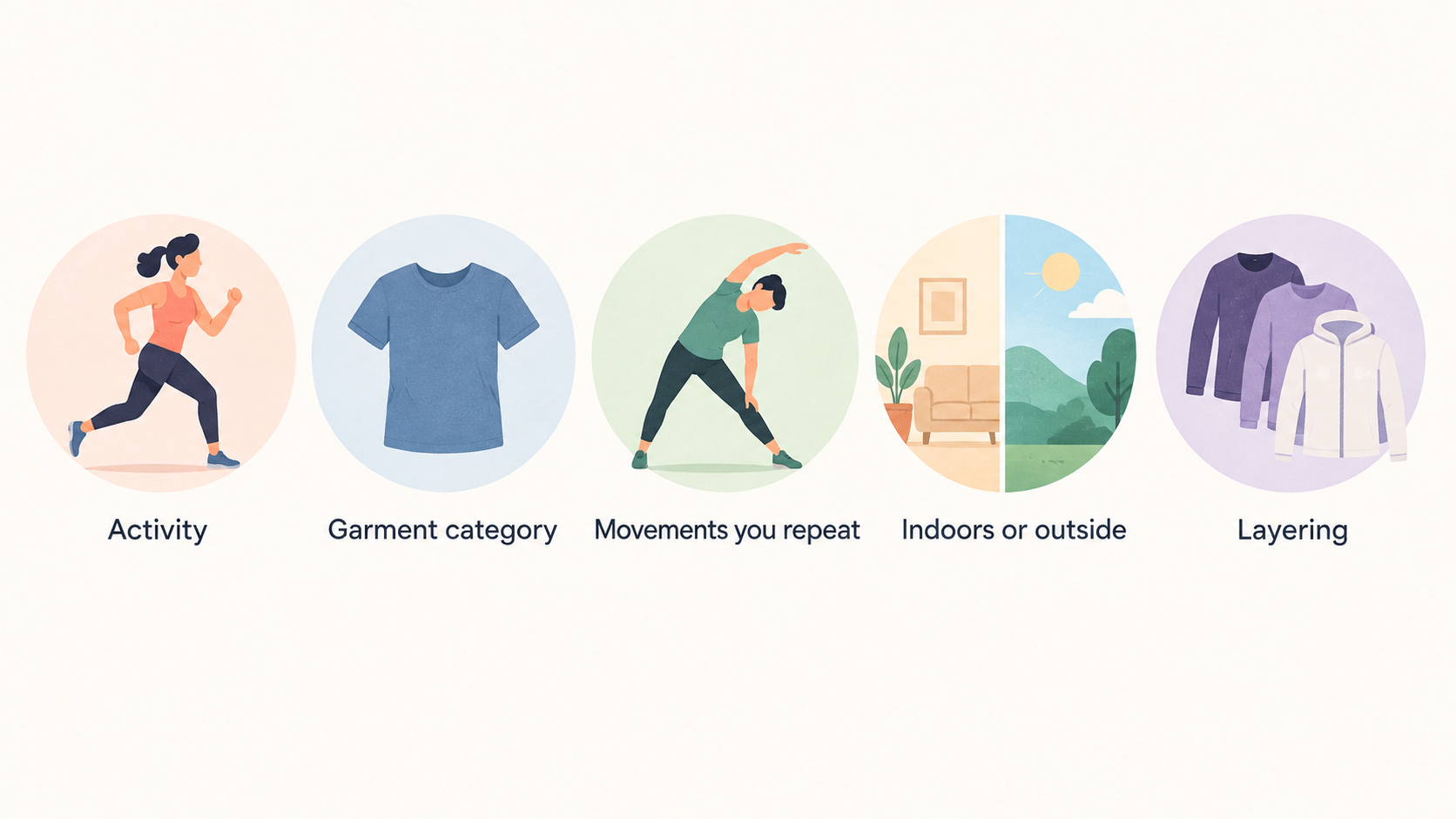Show one row of five simple icons with short labels: “Activity,” “Movements,” “Indoor or outside,” “What you normally wear underneath,” and “Alone or as part of a system.”