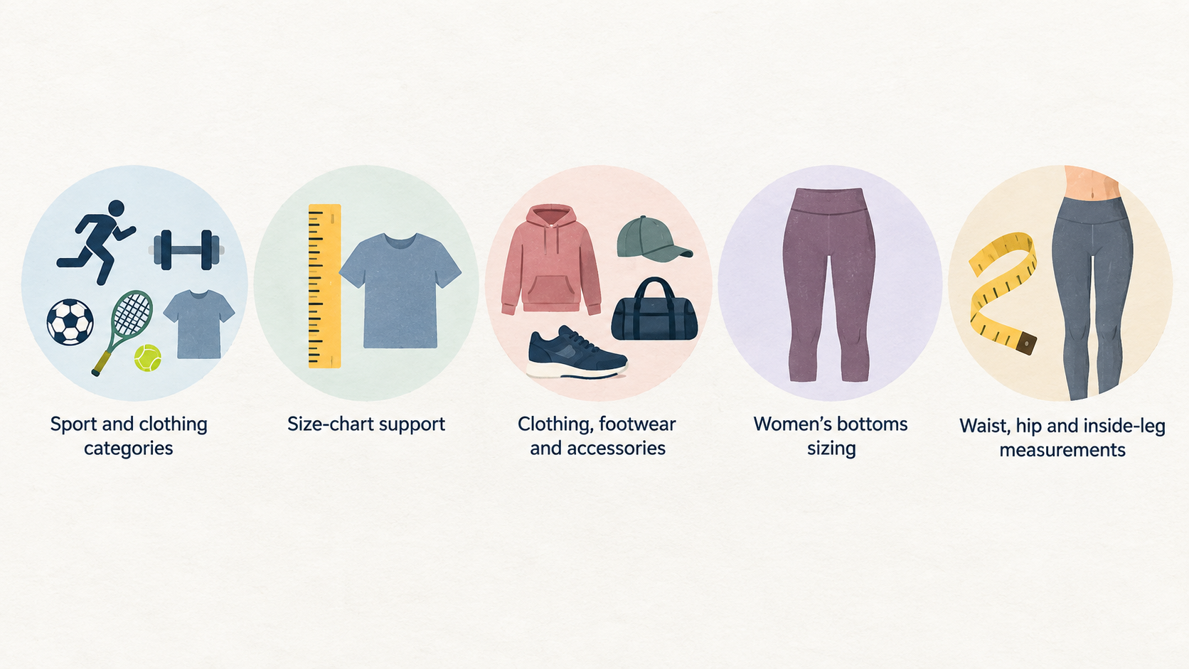 Summarize the section’s stated evidence points in one row of four labeled icons: “Sport and clothing categories”; “Waist, hip and inside-leg measurements”; “Short, regular and tall