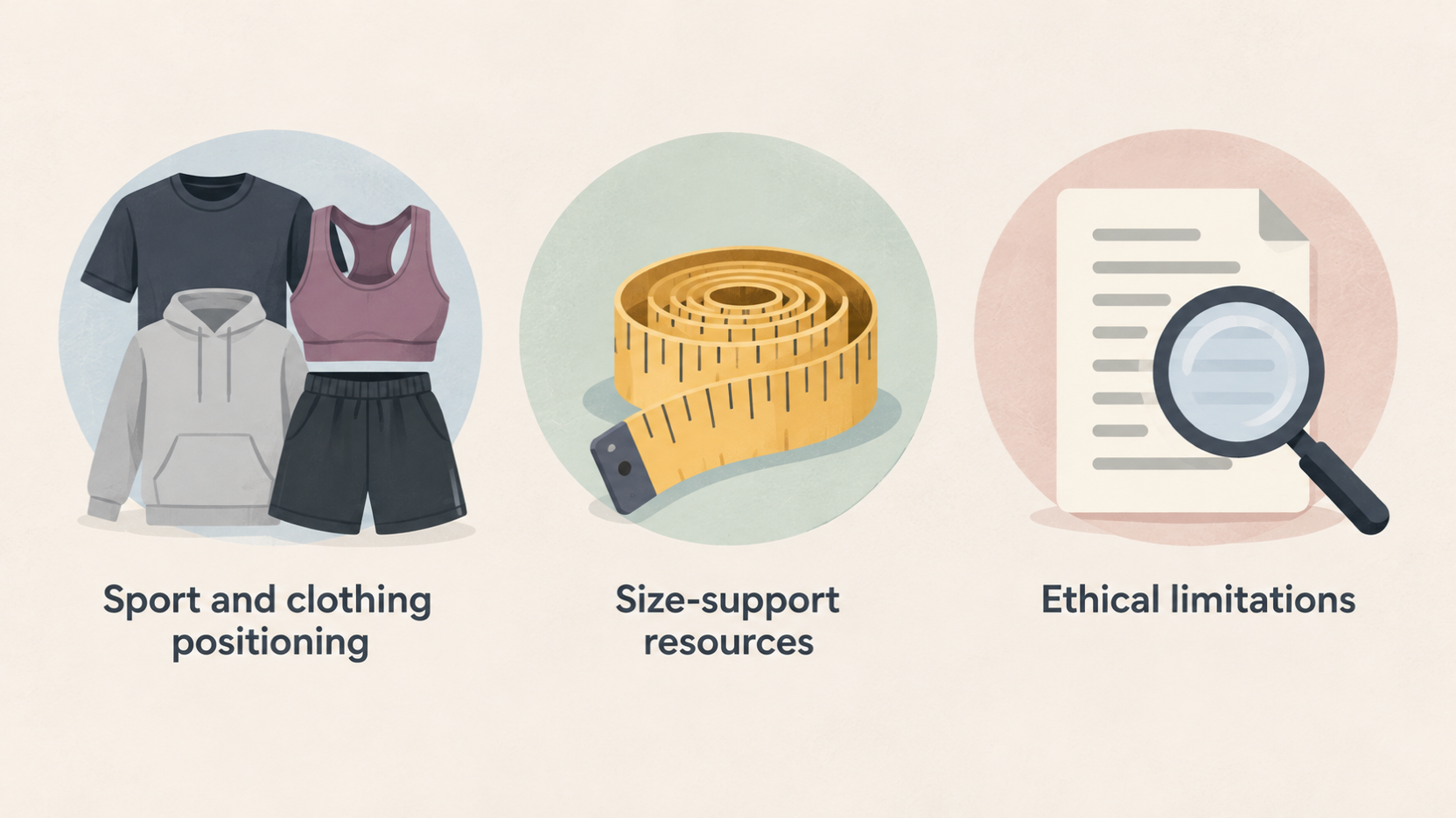 Summarize the three stated areas this comparison covers in one row of labeled icons: “Sport and clothing positioning”; “Size-support resources”; “Ethical limitations”.