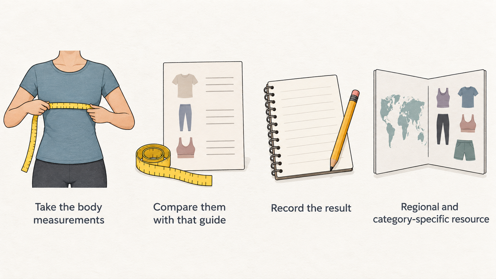 Show one numbered checklist with five steps: take the body measurements requested by the brand’s guide; compare them with that guide; check the correct regional and