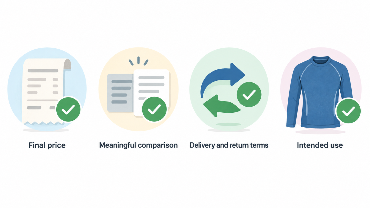 Show a numbered checklist of the four points this section says make a sportswear deal genuine: final price, comparison, delivery and return terms, and intended use.