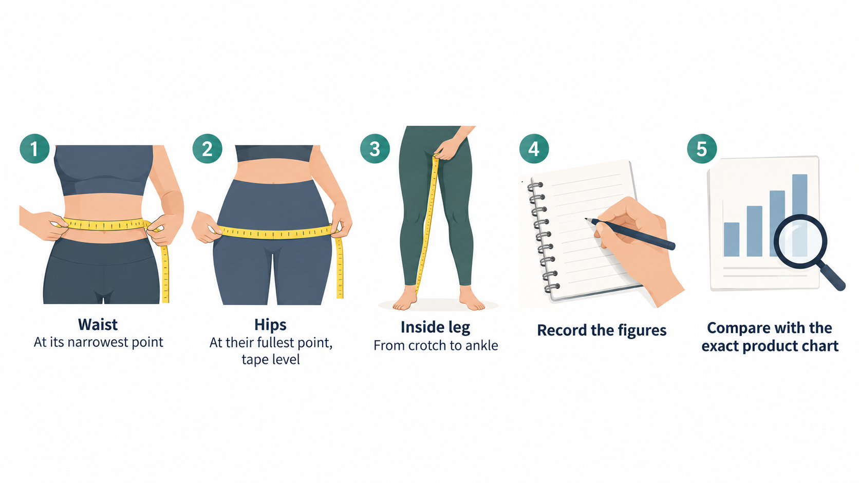 Show a real women’s bottoms range containing the leggings, joggers, and shorts named in the section, alongside its waist, hip, and inside-leg measurement context.