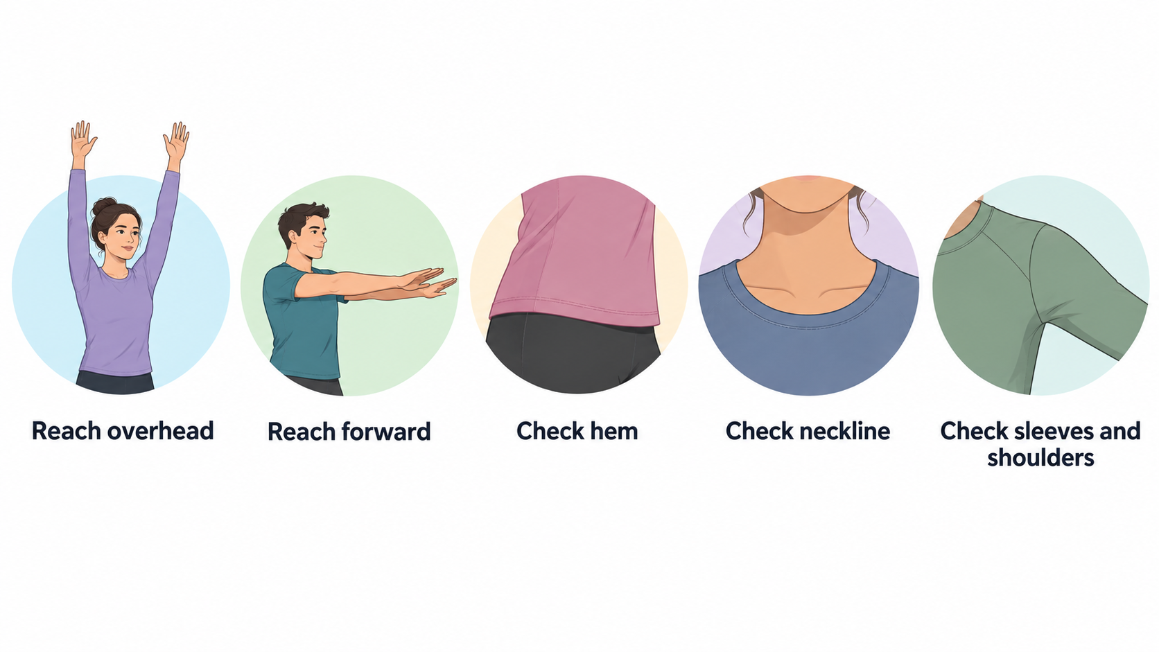 Show one numbered checklist with four try-on checks: reach both arms overhead and forward; sit, bend and perform a shallow bodyweight squat; walk and lift one knee at a time; pause