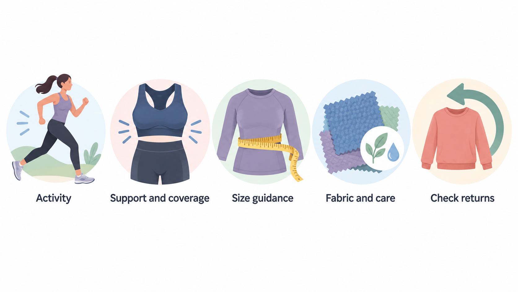 Give the article a visual index using one horizontal row of five simple icons labeled “Activity,” “Support,” “Fit,” “Fabric,” and “Return checks.”